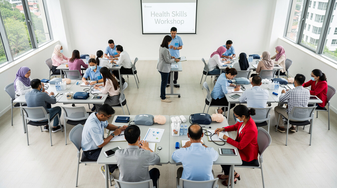 Overhead view of adult students in a hands-on health skills workshop