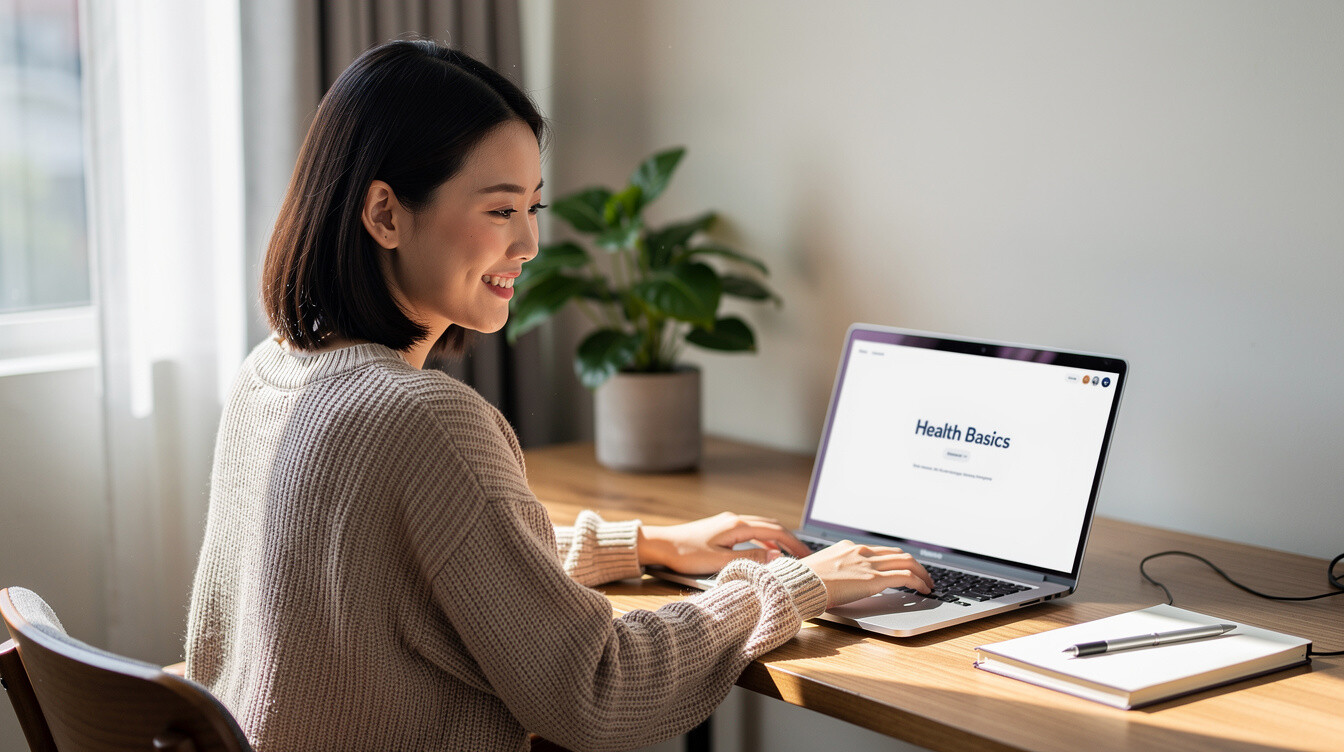 Woman studying an online health course on a laptop at home