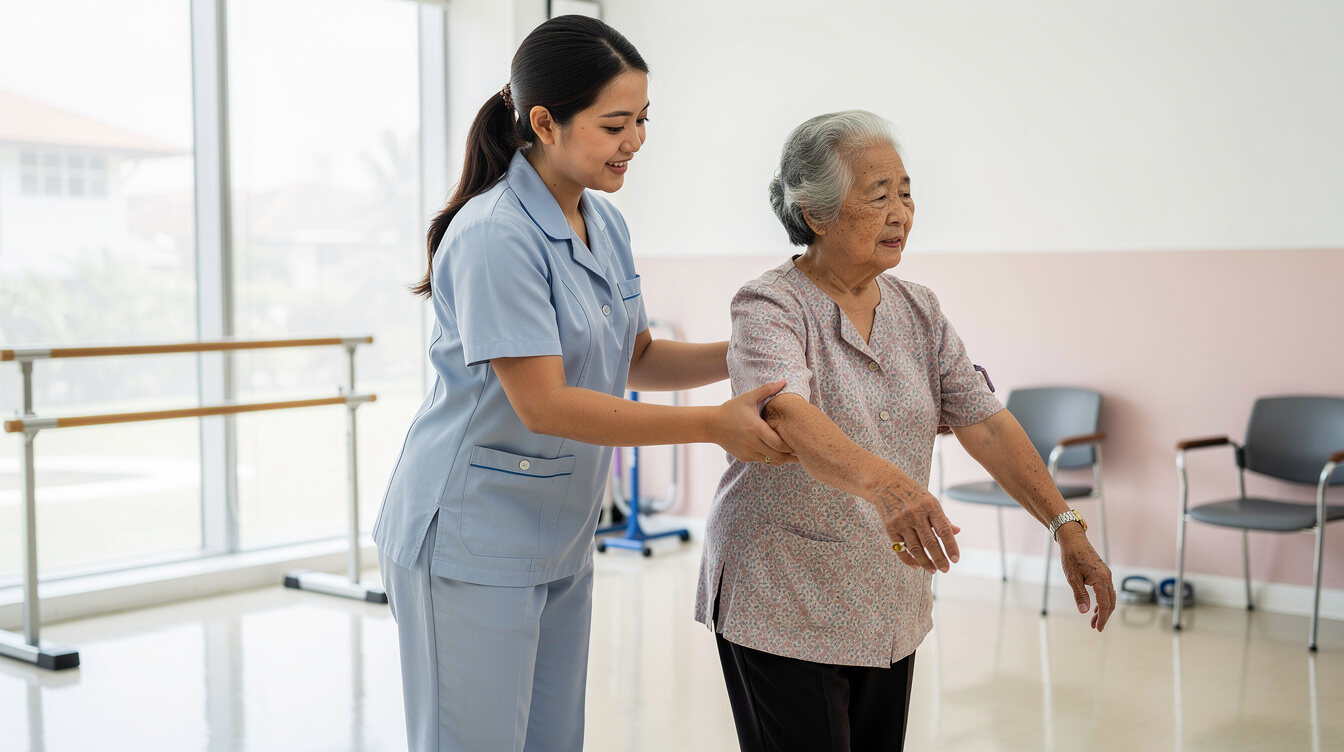 Caregiver trainee assisting an elderly woman with mobility exercises