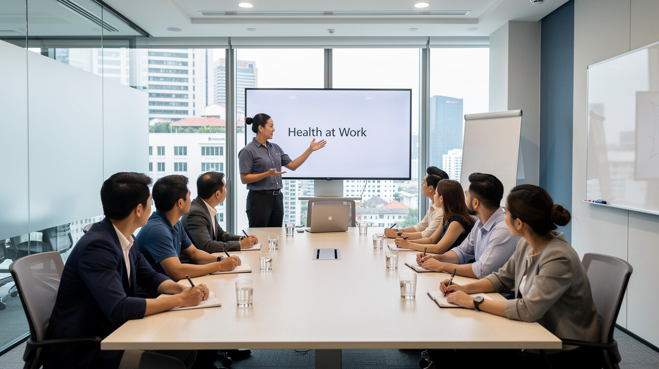 Corporate wellness trainer presenting a health workshop to employees