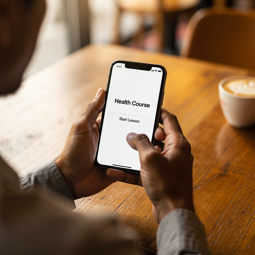 Man using a smartphone health course learning app