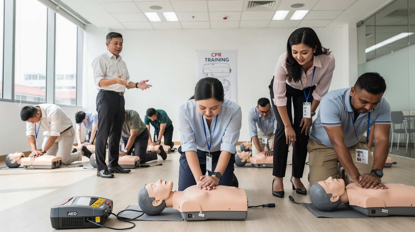 Group practicing CPR resuscitation techniques in a training classroom