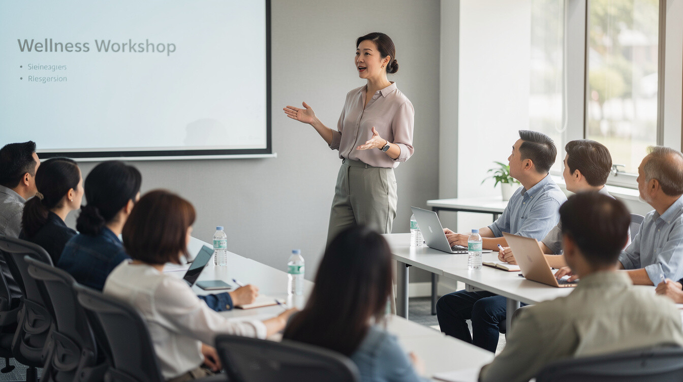 Health educator teaching a wellness course to a classroom of adults
