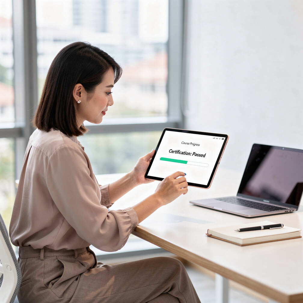 Woman reviewing course progress on a tablet